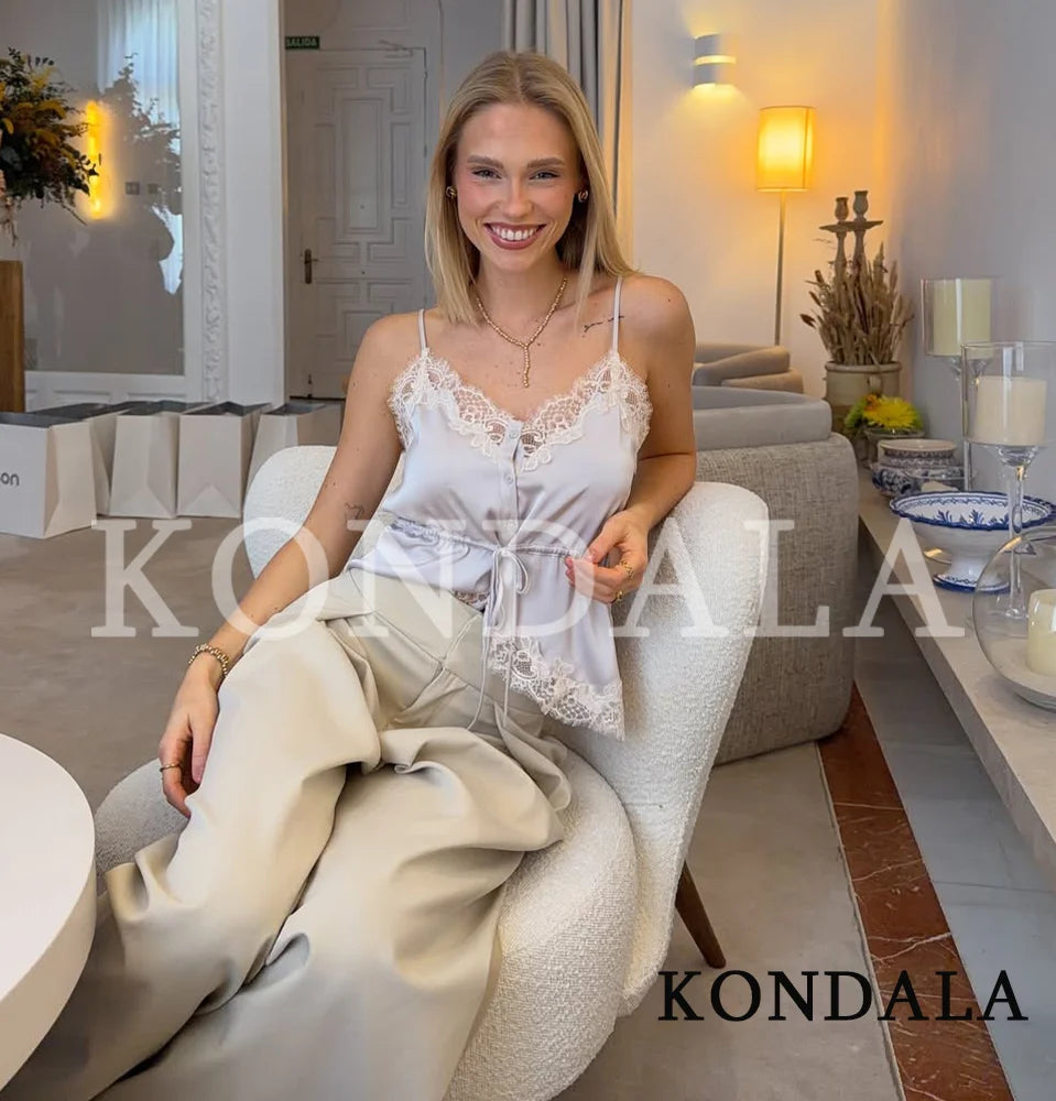 KONDALA Lady Chic Satin Strappy Top 2026 Spring Summer Romantic Holidays Lace Suspender Top Women High Street Trendy Cute Tops