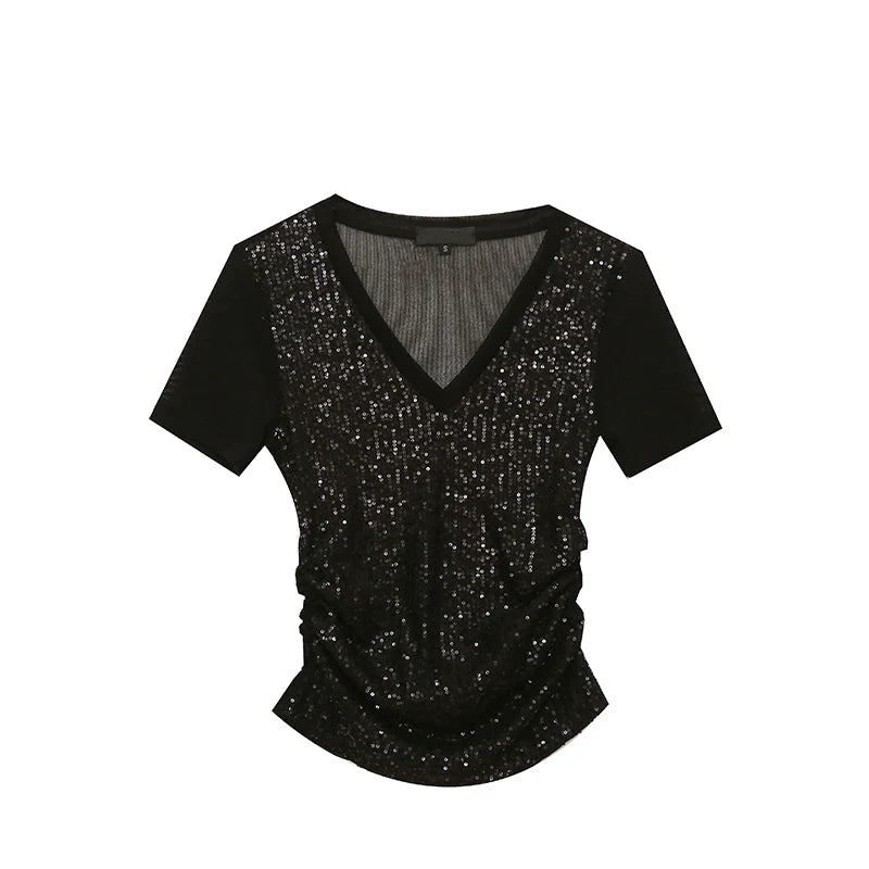 Sexy V-Ne T-irt Women's ort Sve Slim Fit Me Splice Sequin Top Faionable Summer Wear Commute Sle Korean Version