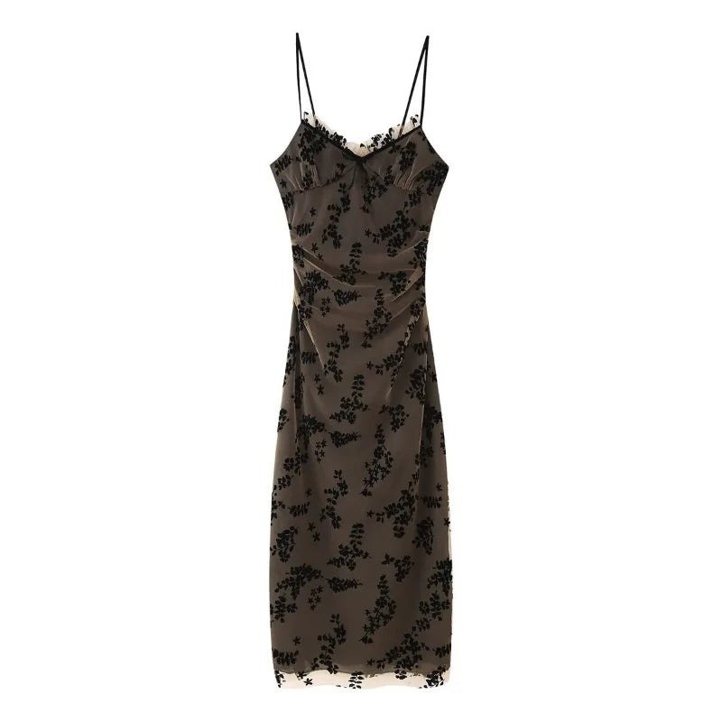 New Fashion Vintage Sleeveless Long Dress for Women Spring New Women Bodycon V-neck Burned Flower Printing Patchwork Midi Dress