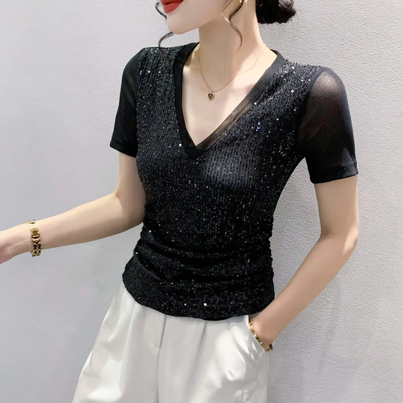 Sexy V-Ne T-irt Women's ort Sve Slim Fit Me Splice Sequin Top Faionable Summer Wear Commute Sle Korean Version