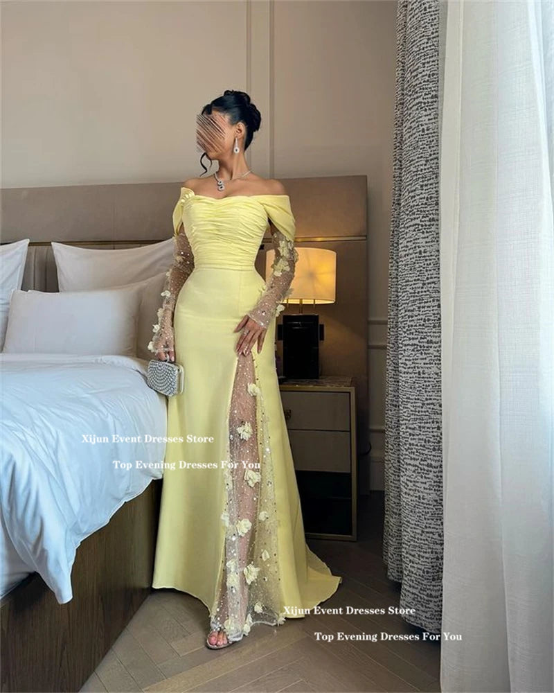 Xijun Yellow Luxury Mermaid Evening Dresses Saudi Arabric Flowers Beading Prom Dress  Off The Shoulder Long Prom Gown Customized
