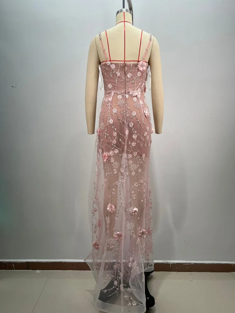 VC Pink Beaded Spaghetti Strap Long Dress Pearls Sequins Structured Flowers High Split Sheer Mesh Trendy Celebrity Party vestido