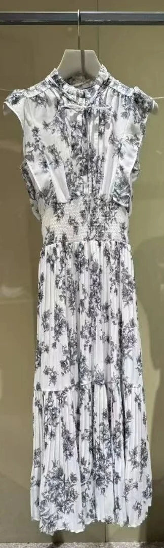 Kuzuwata Cute Stand Collar High Waist Print Mujer Flying Sleeve Lace Up Pleated Ruched Dress Japan Slim Waist Elegant Femme Robe