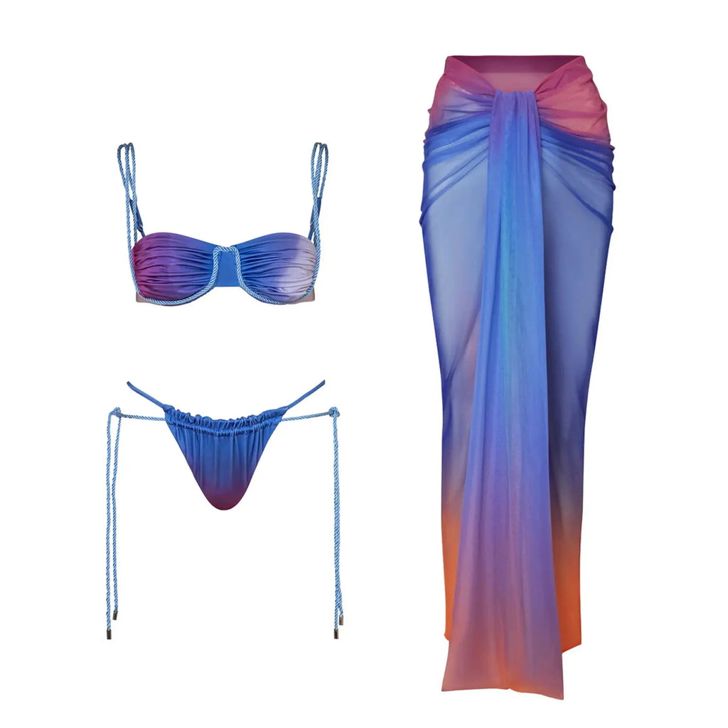 2025 New Gradient 3 Pieces Bikini Sexy Women Swimsuit Swimwear Female Long Dress Cover Up Bikini Set Beachwear Bathing Suit