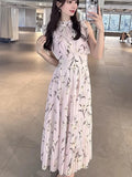 Kuzuwata Cute Stand Collar High Waist Print Mujer Flying Sleeve Lace Up Pleated Ruched Dress Japan Slim Waist Elegant Femme Robe
