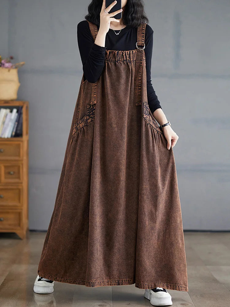 SHENGPALAE Denim Dress Women Square Collar Sleeveless Spliced Pockets Vintage Style New 2024 Fashion Female Long Dresses 5C1730