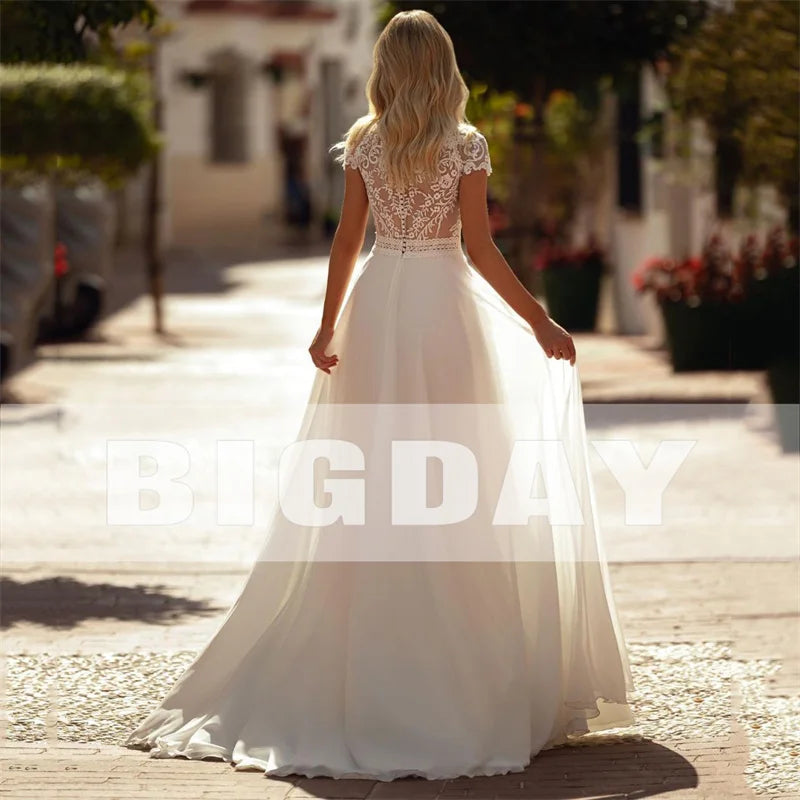 Elegant A-Line Wedding Dress Women Short Sleeve Lace Illusion Back O-Neck Applique Boho Bridal Gown Customized Vestido De Noiva
