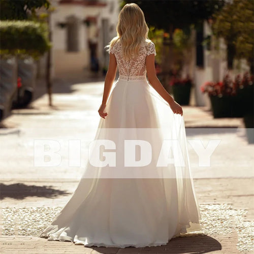 Elegant A-Line Wedding Dress Women Short Sleeve Lace Illusion Back O-Neck Applique Boho Bridal Gown Customized Vestido De Noiva
