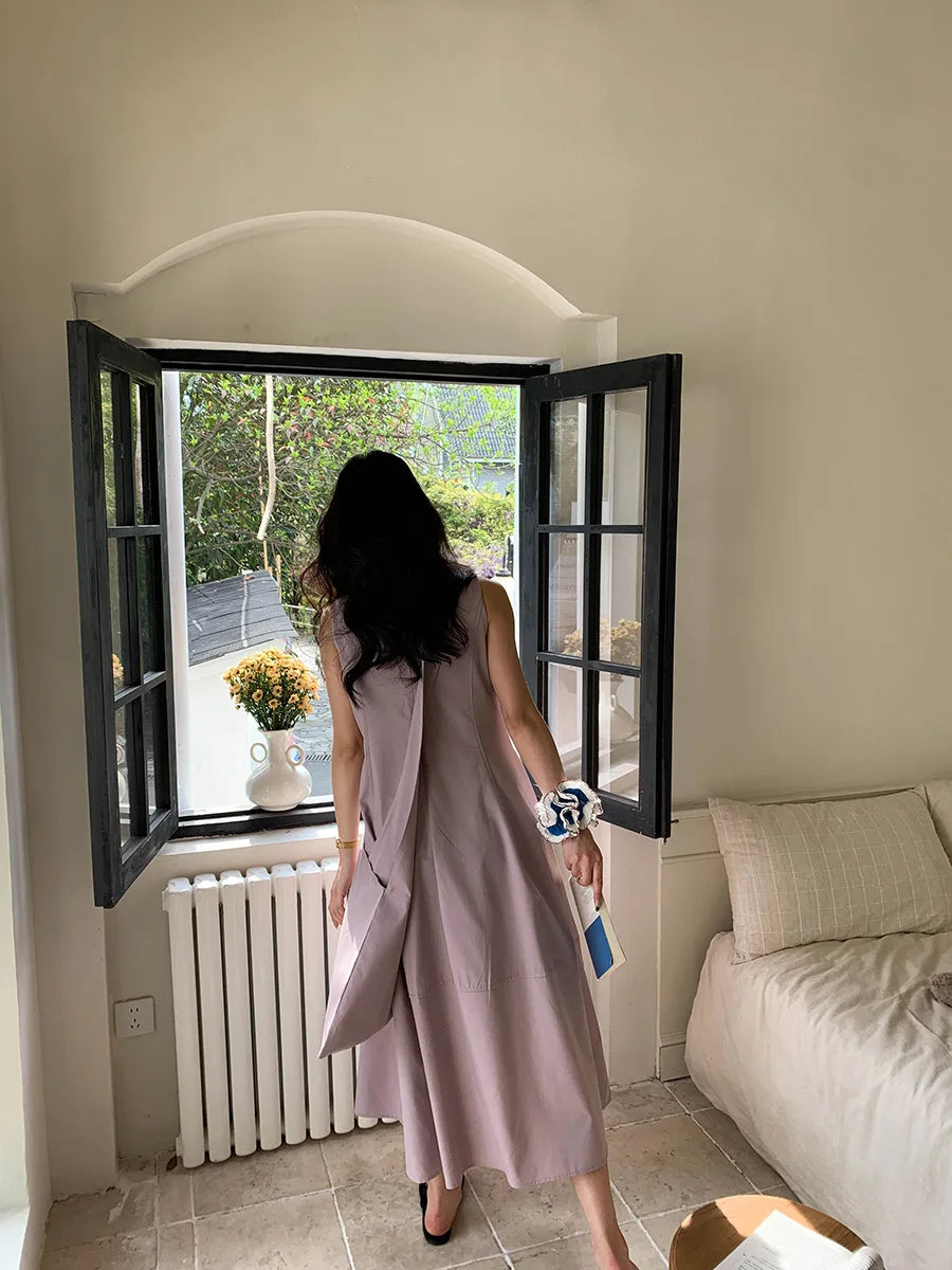 women's casual solid color simple round neck loose sleeveless vest dress