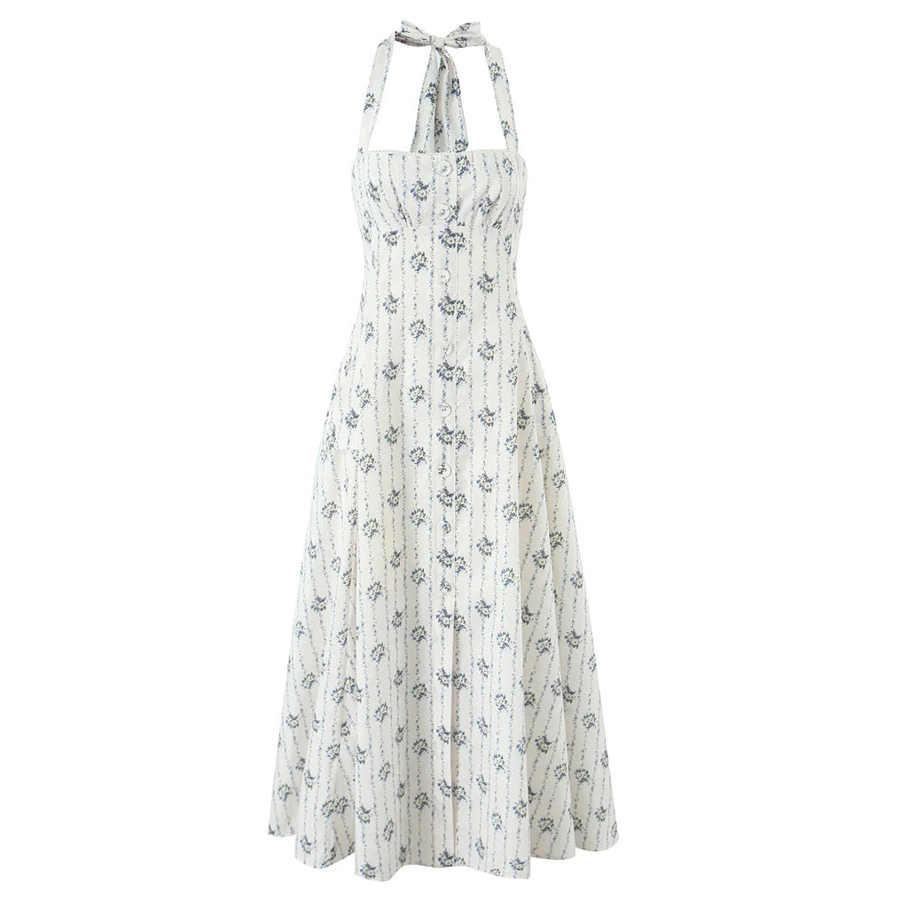 YENKYE Elegant Halter A-line Midi Long Floral Print Dress Women Cotton Holiday Summer Sexy Backless Dresses Party Robe 2025