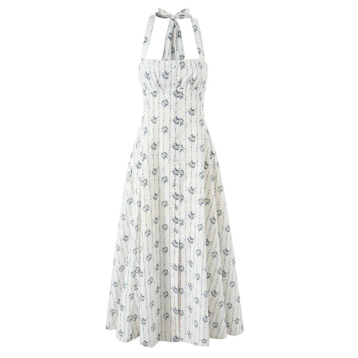 YENKYE Elegant Halter A-line Midi Long Floral Print Dress Women Cotton Holiday Summer Sexy Backless Dresses Party Robe 2025