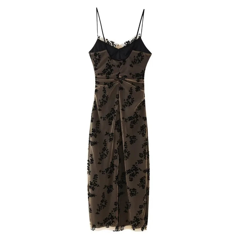 New Fashion Vintage Sleeveless Long Dress for Women Spring New Women Bodycon V-neck Burned Flower Printing Patchwork Midi Dress