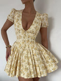 Elegant Print Mini Dress Women Sexy Deep V-neck Short Puff Sleeve Pleated Female Dresses 2024 Summer Chic Lady Beach Party Robe