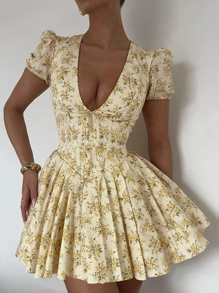 Elegant Print Mini Dress Women Sexy Deep V-neck Short Puff Sleeve Pleated Female Dresses 2024 Summer Chic Lady Beach Party Robe