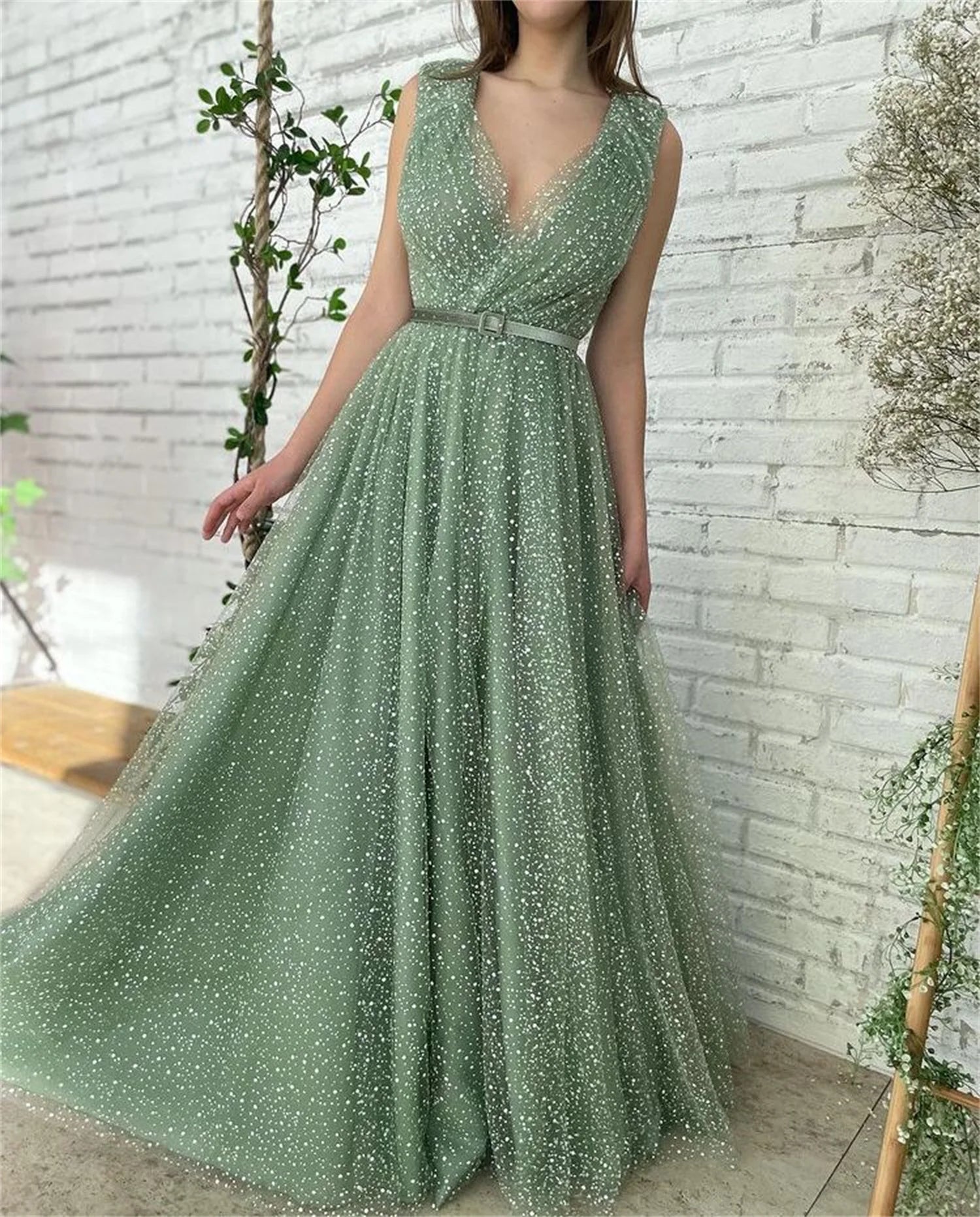 Lorrtta  Green Formal Prom Dresses Dot V-Neck A-Line Cap Sleeves Belt Evening Dress Dubia Occasional Party Gowns Customized