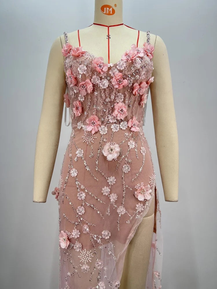 VC Pink Beaded Spaghetti Strap Long Dress Pearls Sequins Structured Flowers High Split Sheer Mesh Trendy Celebrity Party vestido