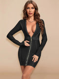 BEAUKEY Long Sleeve Front Zipper Deep V Neck HL Bandage Dress Mini Short Sexy Party Dress Red Dark Green Black Clubwear Maxi XL