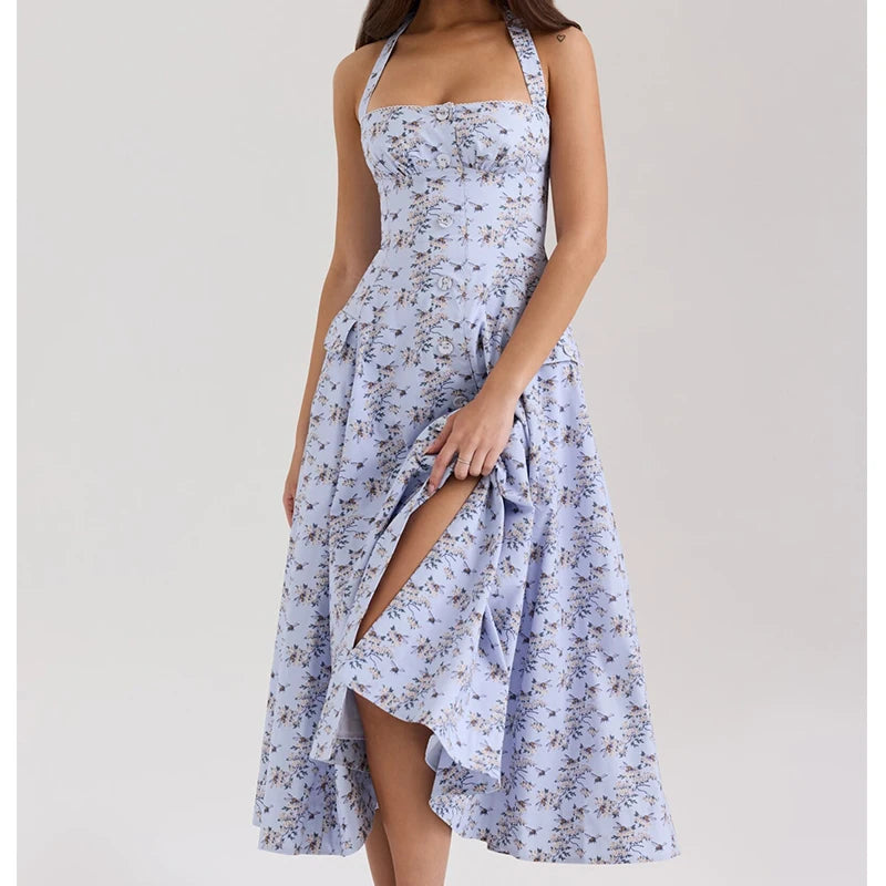 YENKYE Elegant Halter A-line Midi Long Floral Print Dress Women Cotton Holiday Summer Sexy Backless Dresses Party Robe 2025