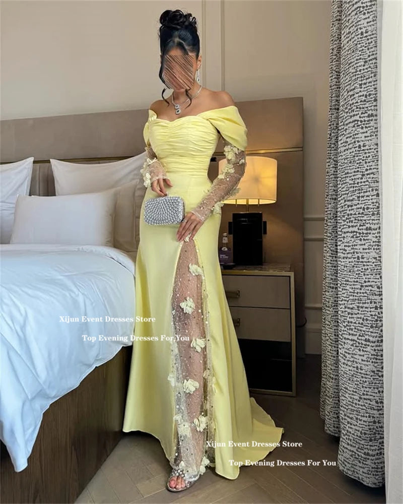 Xijun Yellow Luxury Mermaid Evening Dresses Saudi Arabric Flowers Beading Prom Dress  Off The Shoulder Long Prom Gown Customized