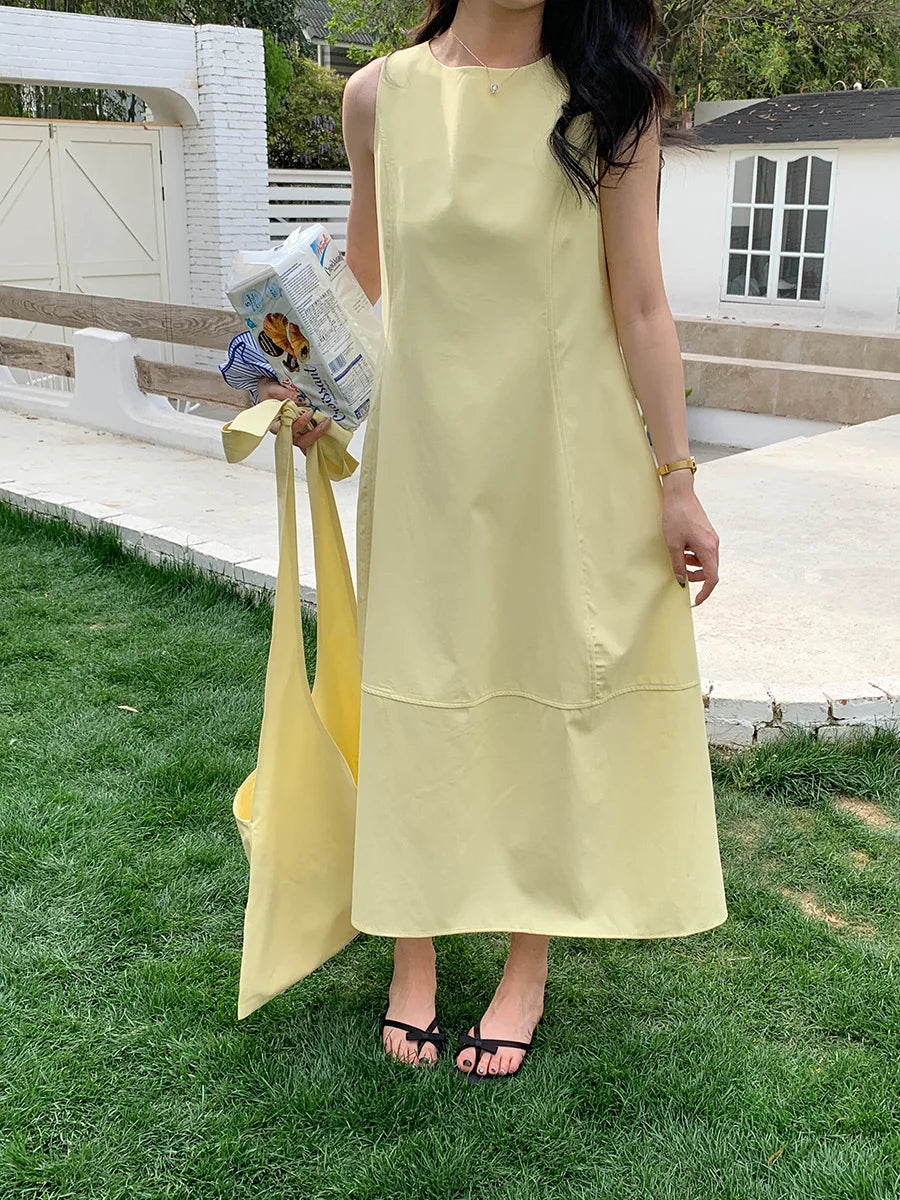 women's casual solid color simple round neck loose sleeveless vest dress
