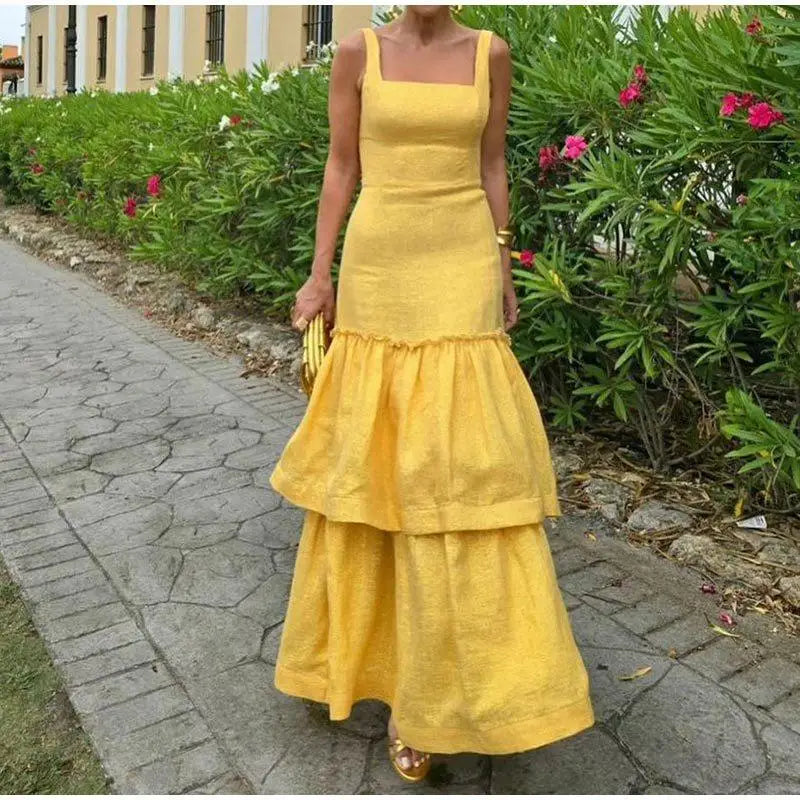 Elegant Ruffles Shiny Dress Women Square Neck A Line Solid Sleeveless Robe Female 2024 Summer Fashion Party Evening Dresses Lady