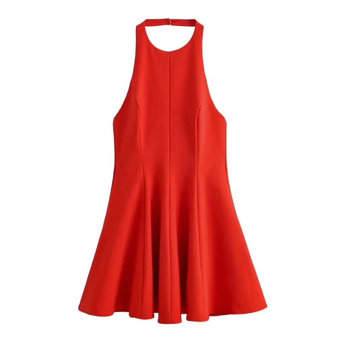 HH Women Summer Fashion Solid Halter Neck Zipper Backless Beach Party Dress Female Chic Sexy Sleeveless Backless Mini Dress