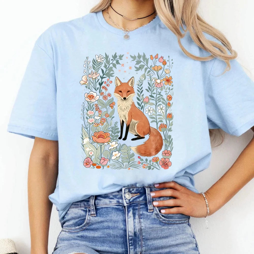 Woodland Lover Gift for Her Cute Flower Fox Shirt Vintage Floral Cottagecore Unisex Tee Funny Apparel Trendy Casual Streetwear
