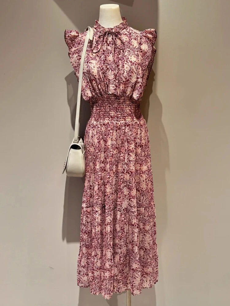 Kuzuwata Cute Stand Collar High Waist Print Mujer Flying Sleeve Lace Up Pleated Ruched Dress Japan Slim Waist Elegant Femme Robe