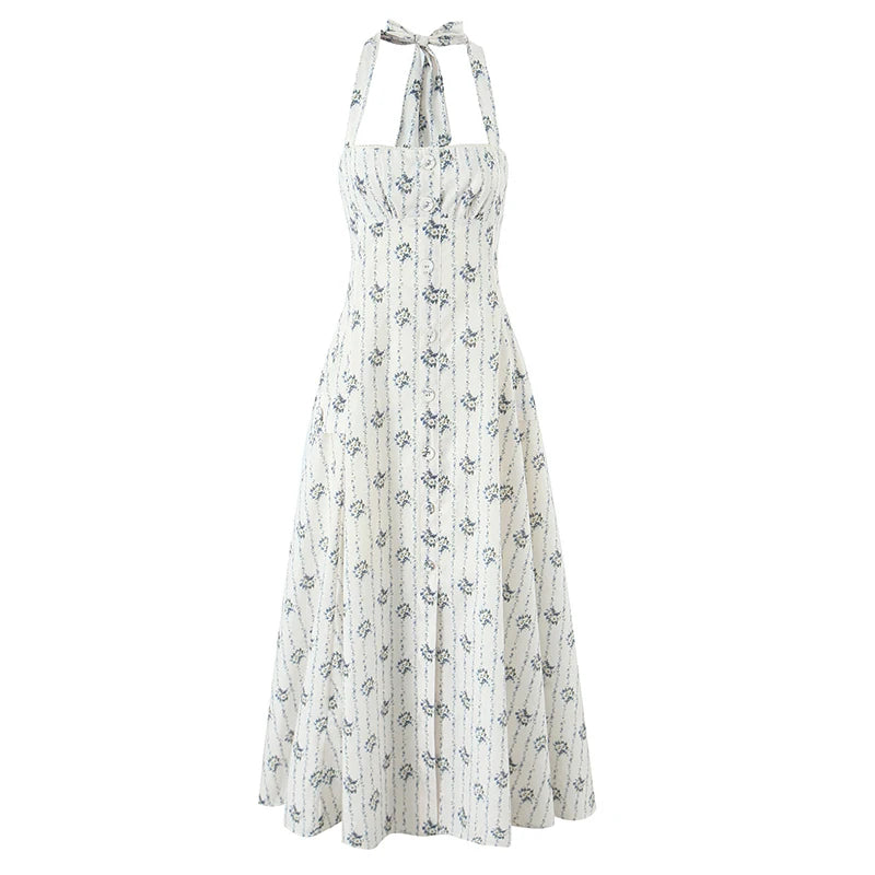 YENKYE Elegant Halter A-line Midi Long Floral Print Dress Women Cotton Holiday Summer Sexy Backless Dresses Party Robe 2025