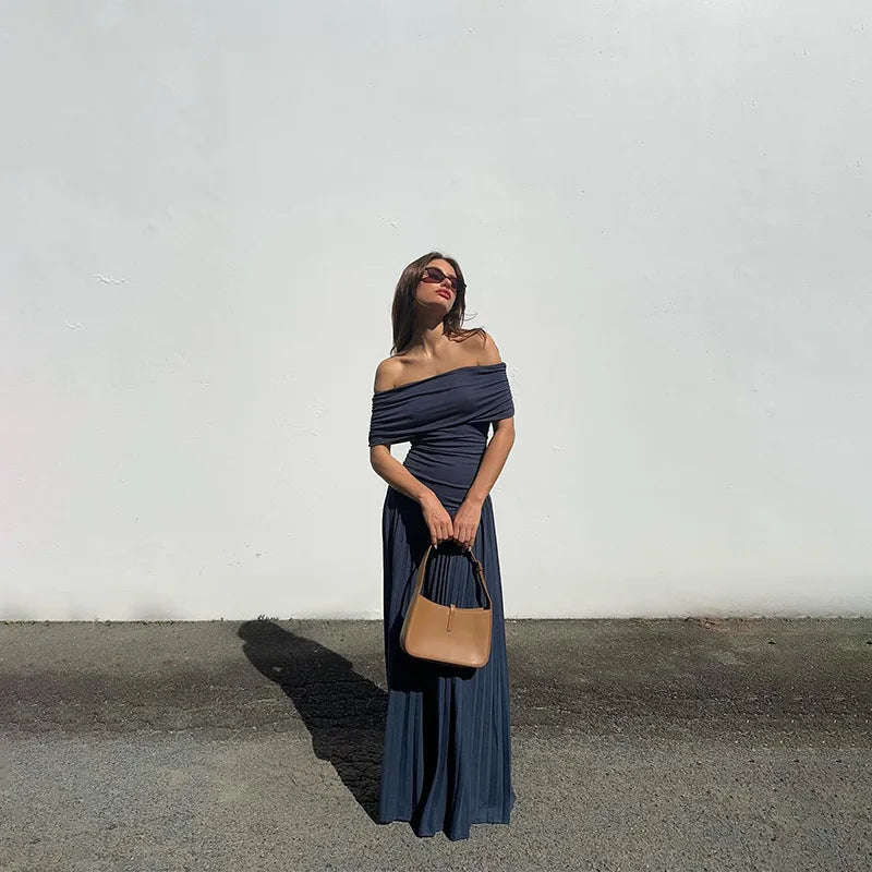 Sexy Elegant Women Slim Long Dresses Vintage Backless High Waist Pleated A Line Maxi Dress Summer Female Holiday Party Robe