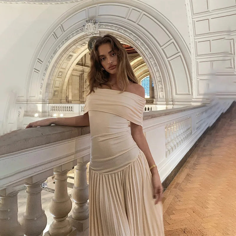 Sexy Elegant Women Slim Long Dresses Vintage Backless High Waist Pleated A Line Maxi Dress Summer Female Holiday Party Robe